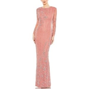 NWOT Mac Duggal 93626 Beaded High Neck Illusion Long Sleeve Gown, Size 12